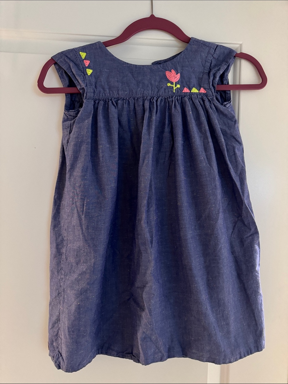 Tea Blue Girls cotton Sundress with Pink Flower Embroidery Sz 6